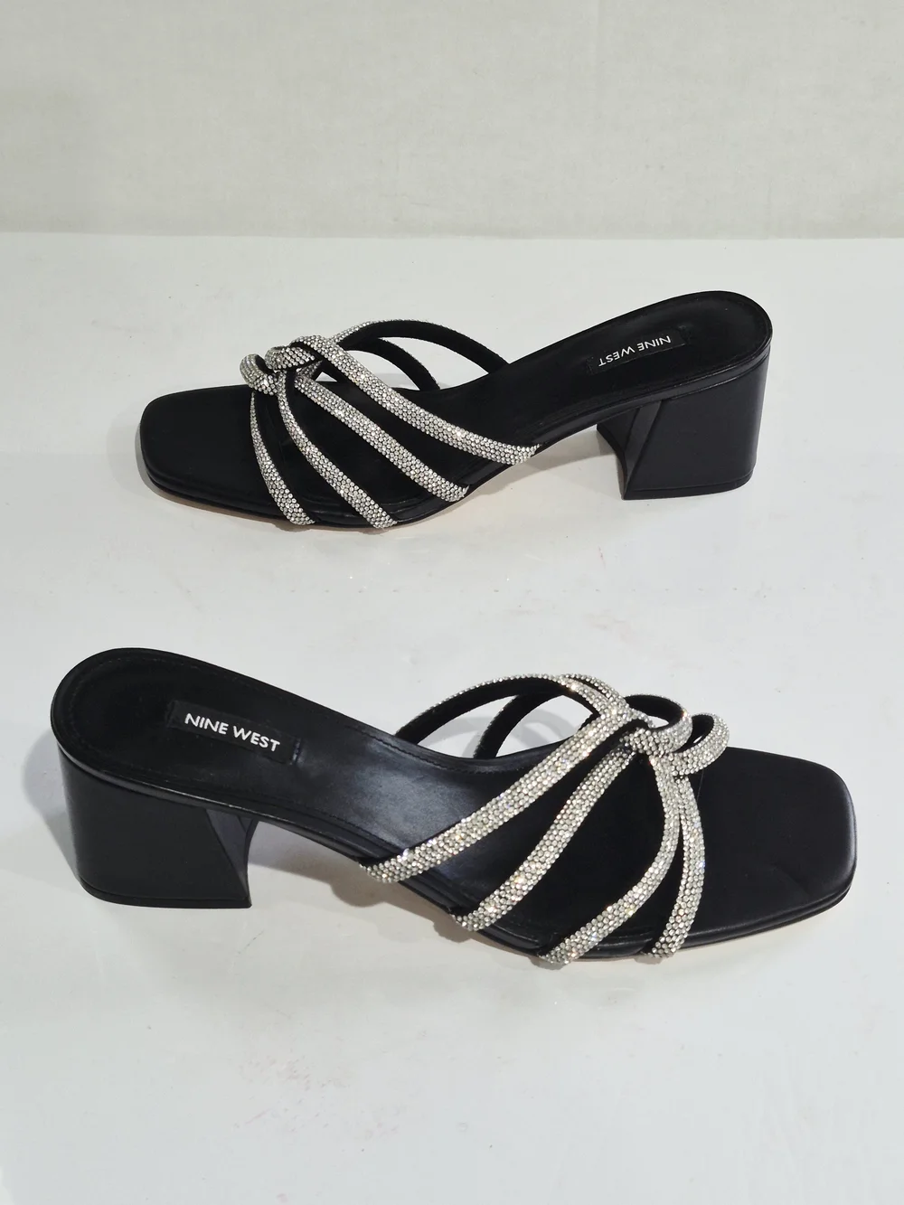 Nine West Black Heeled Slide Sandals with Silver Crystal Straps Size 12
